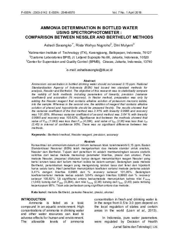 (PDF) Ammonia Determination In Bottled Water Using Spectrophotometer ...