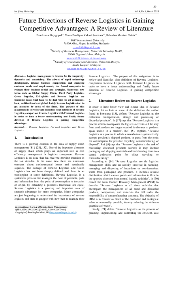 (PDF) Future Directions of Reverse Logistics in Gaining Competitive ...