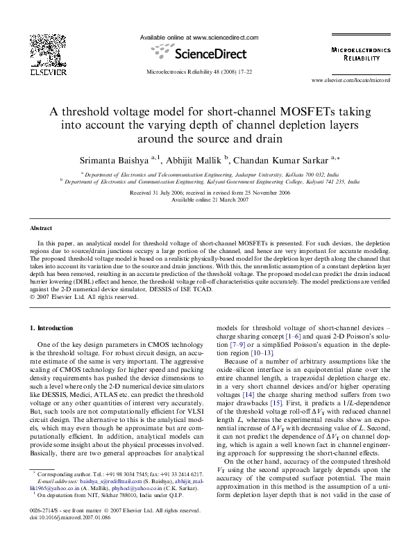 (PDF) A threshold voltage model for short-channel MOSFETs taking into ...