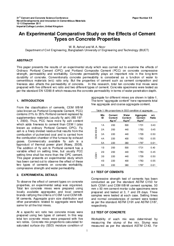 (PDF) An Experimental Comparative Study on the Effects of Cement Types ...