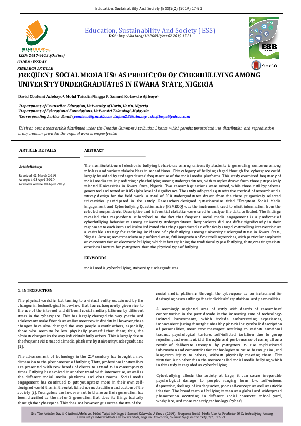 (PDF) Frequent Social Media Use as Predictor of Cyberbullying Among ...