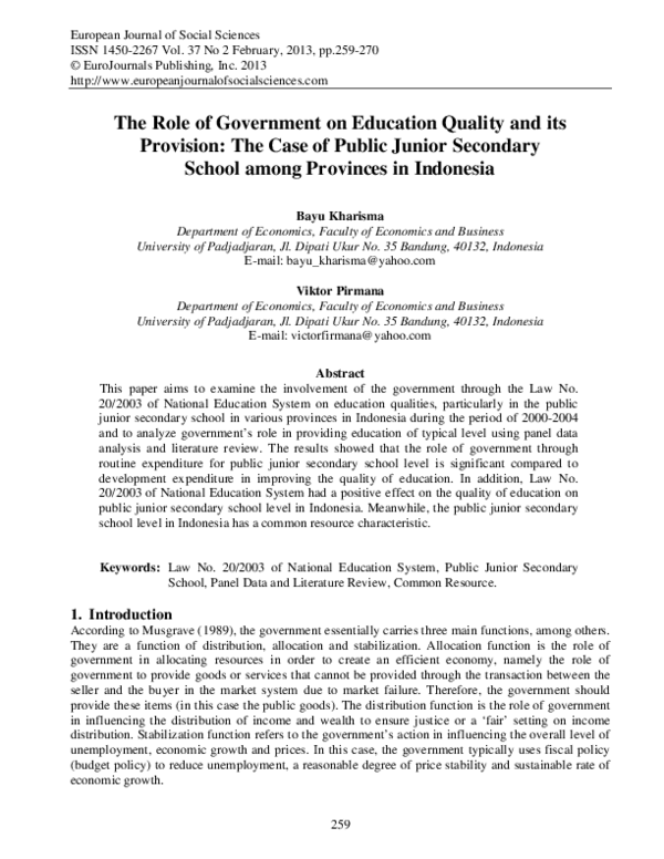 (PDF) The Role of Government on Education Quality and its Provision ...