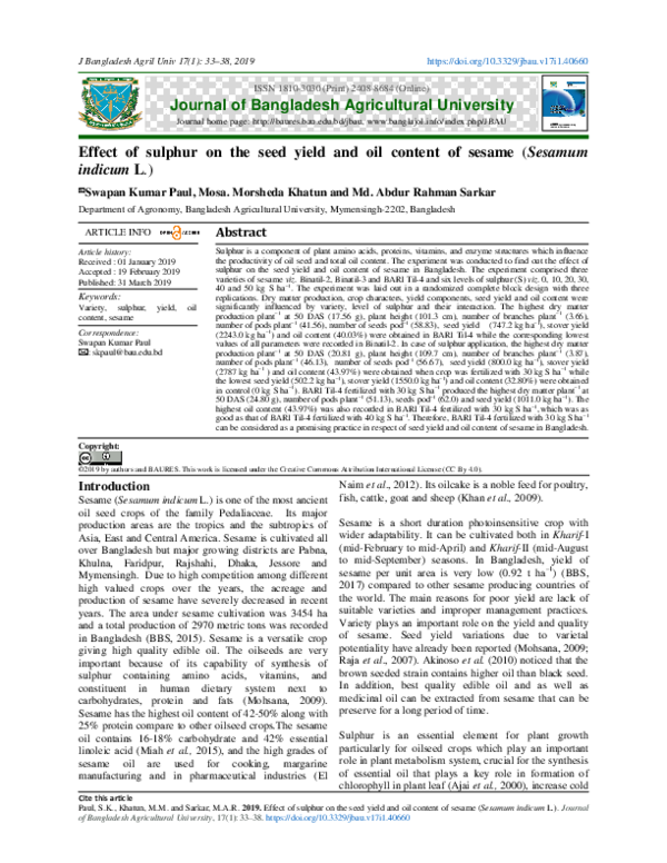 (PDF) Effect of sulphur on the seed yield and oil content of sesame ...