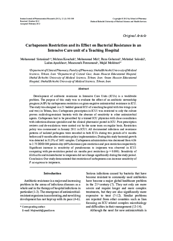 (PDF) Carbapenem Restriction and its Effect on Bacterial Resistance in ...