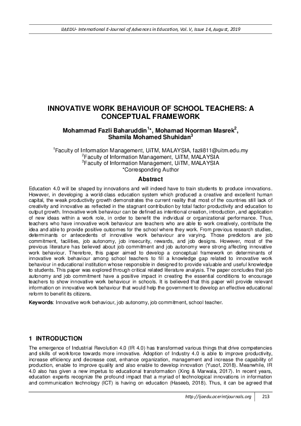 (PDF) Innovative Work Behaviour of School Teachers: A Conceptual Framework