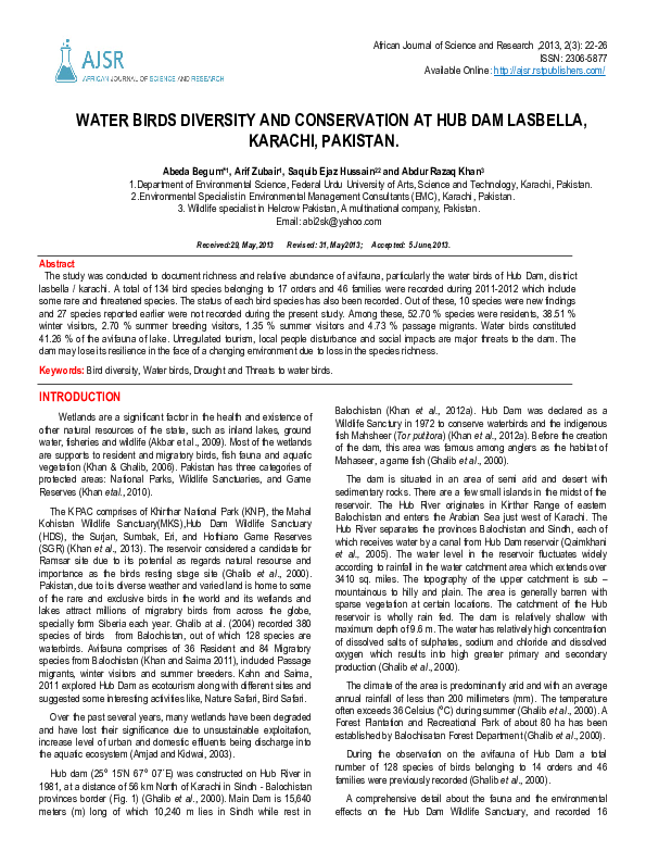 (PDF) Water Birds Diversity and Conservation at Hub Dam Lasbella ...