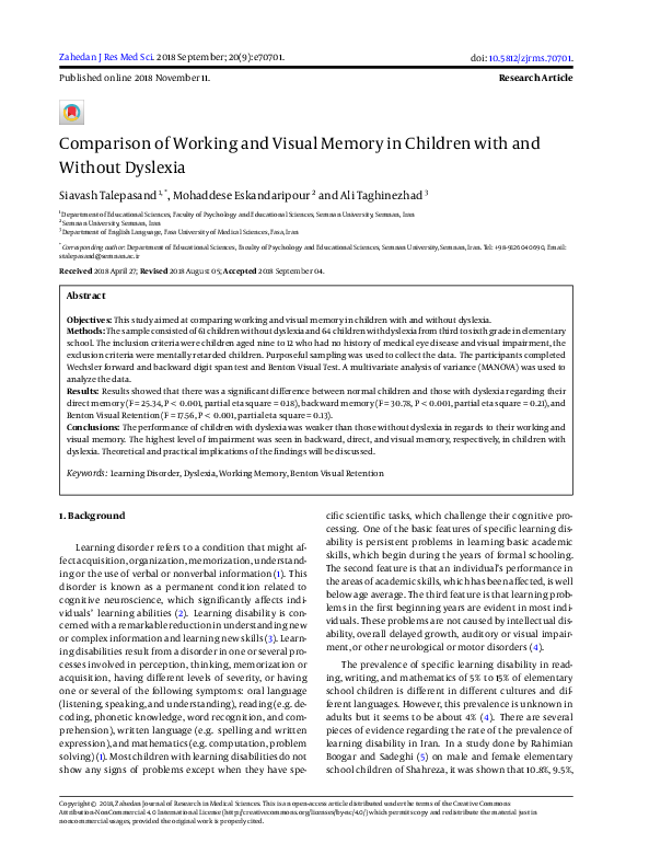 (PDF) Comparison of Working and Visual Memory in Children with and ...