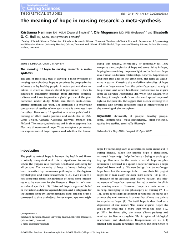 (PDF) The meaning of hope in nursing research: a meta-synthesis