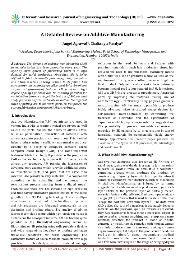 (PDF) IRJET A Detailed Review on Additive Manufacturing IRJET