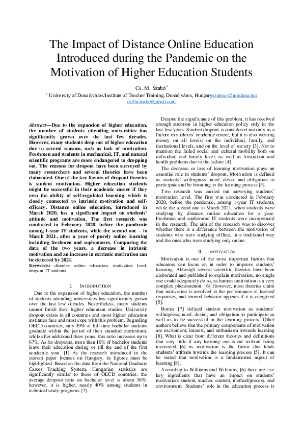 (PDF) The Impact of Distance Online Education Introduced during the ...