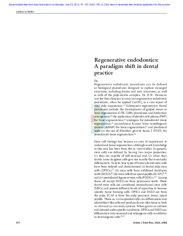 (PDF) Regenerative endodontics: A paradigm shift in dental practice