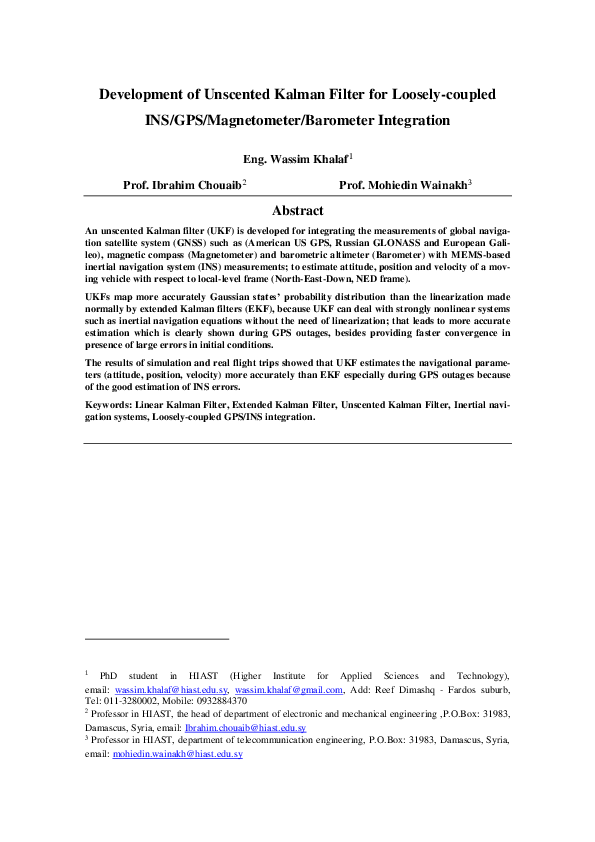 (PDF) Development of Unscented Kalman Filter for Loosely-coupled INS ...