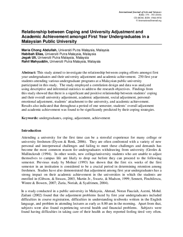 (PDF) Relationship between coping and university adjustment and ...