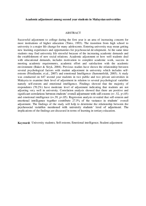 (PDF) Academic Adjustment among Second Year Students in Malaysian ...