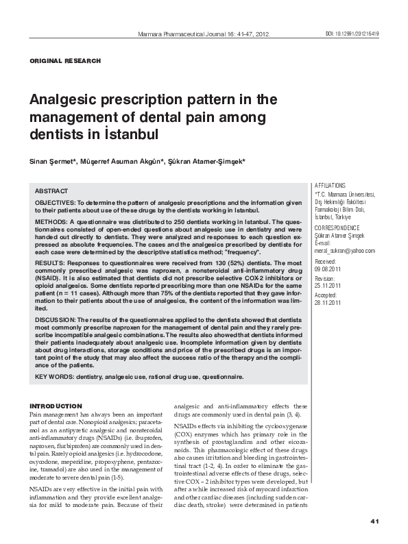 (PDF) Analgesic prescription pattern in the management of dental pain ...