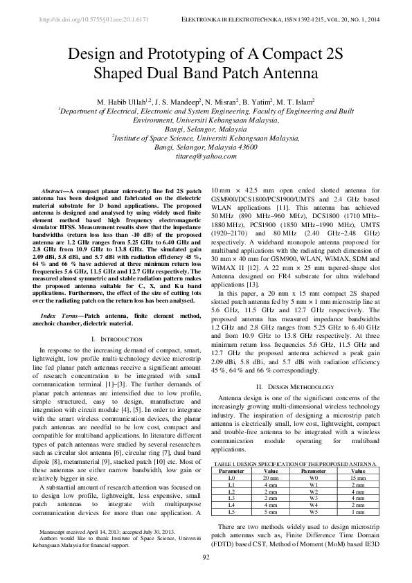 (PDF) Design and prototyping of A compact 2S shaped dual band patch antenna