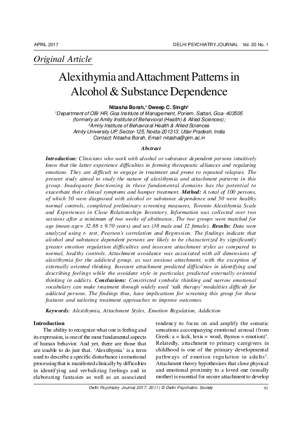 (PDF) Alexithymia and Attachment Patterns in Alcohol & Substance Dependence