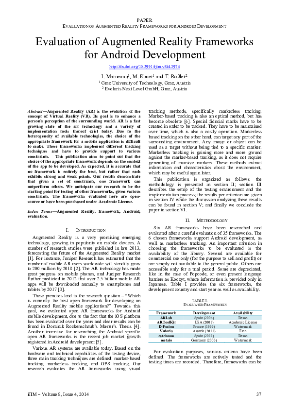 (PDF) Evaluation of Augmented Reality Frameworks for Android Development