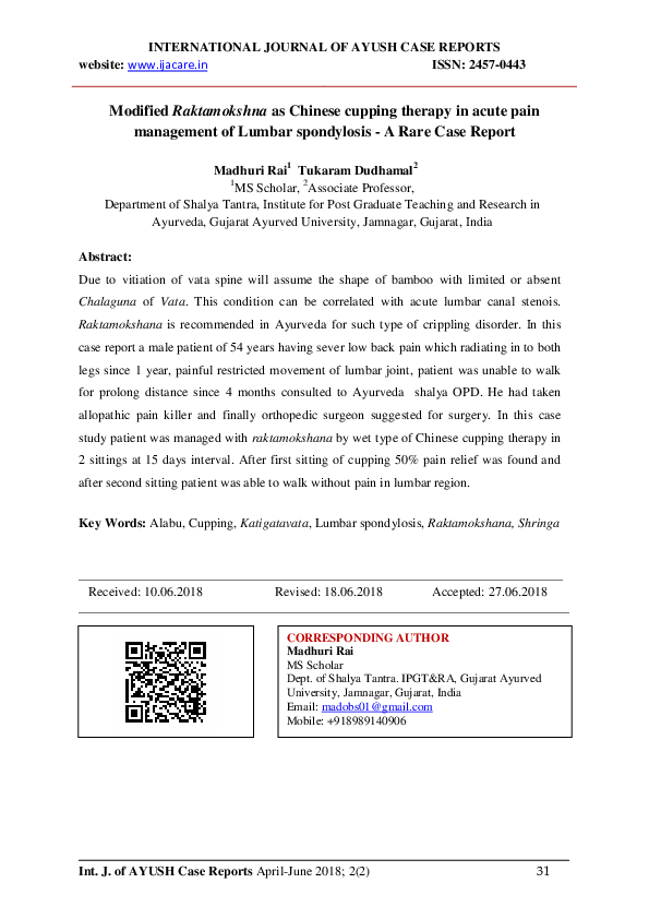 (PDF) Modified Raktamokshna as Chinese cupping therapy in acute pain management of Lumbar