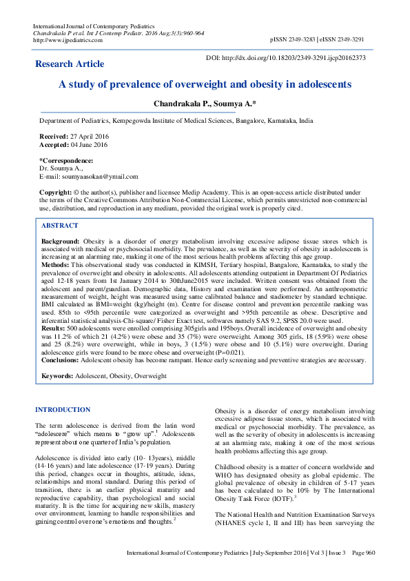 (PDF) A study of prevalence of overweight and obesity in adolescents