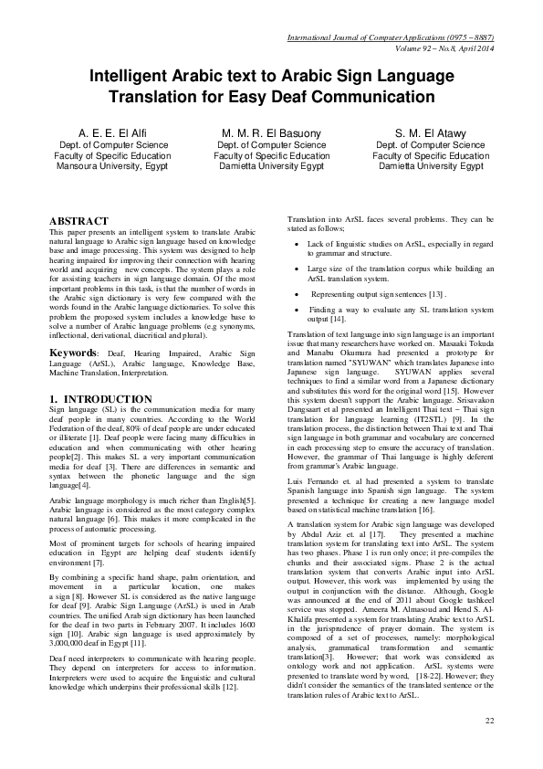 (PDF) Intelligent Arabic text to Arabic Sign Language Translation for ...