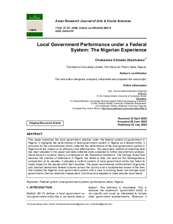 (PDF) Local Government Performance under a Federal System: The Nigerian ...