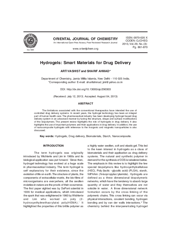 (PDF) Hydrogels: Smart Materials for Drug Delivery