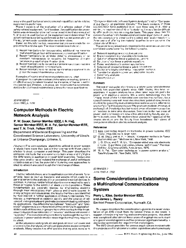 (PDF) Computer Methods in Electric Network Analysis P. Sauer