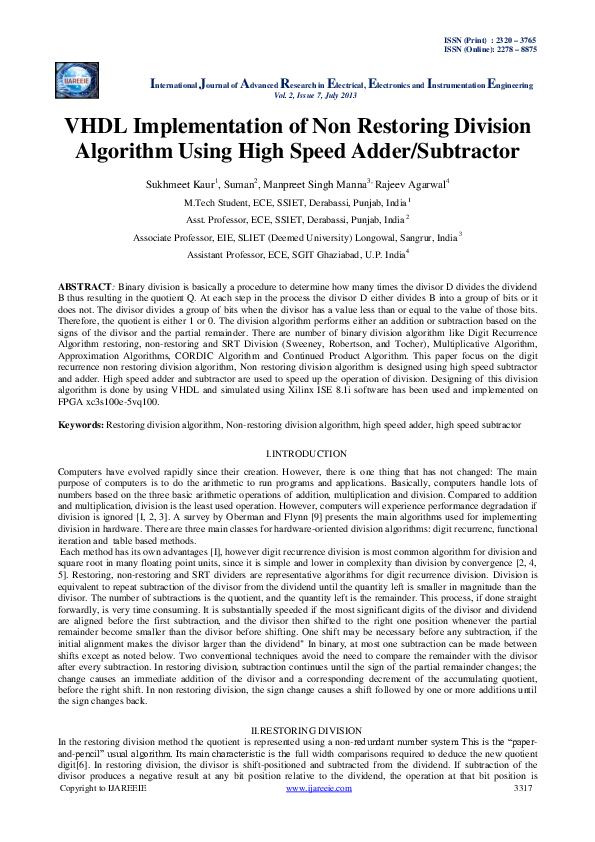 (PDF) VHDL Implementation of Non Restoring Division Algorithm Using ...