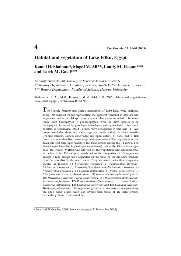 (PDF) Habitat and vegetation of Lake Edku, Egypt