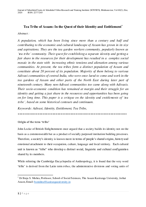 (PDF) Tea Tribe of Assam: In the Quest of their Identity and Entitlement