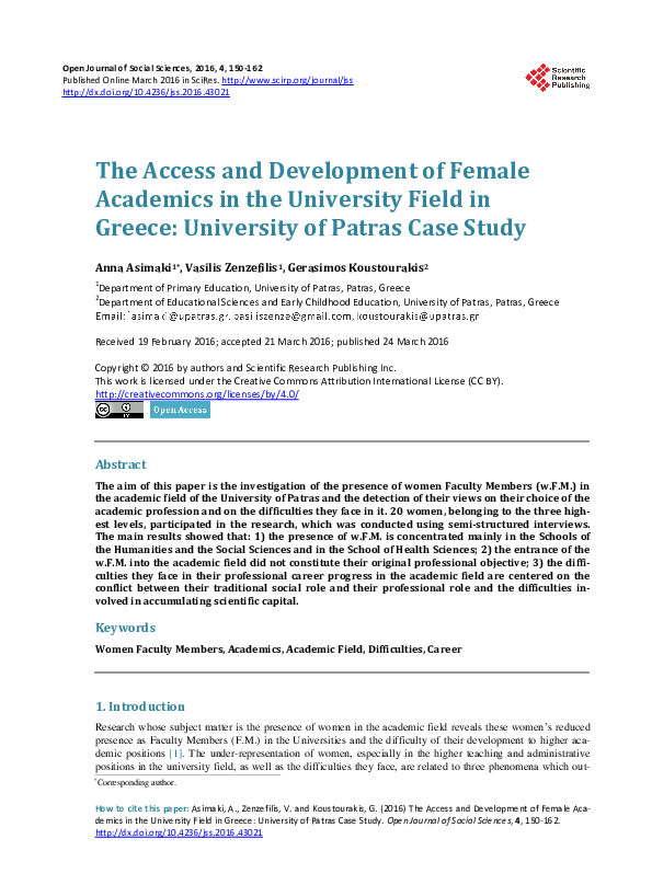The Access and Development of Female Academics in the University Field in Greece: University of Patras Case Study