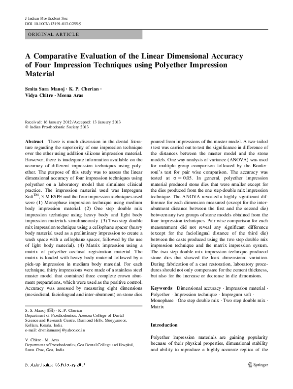 (PDF) Comparison of Linear Dimensional Accuracy Between One Step and Twostep Impression