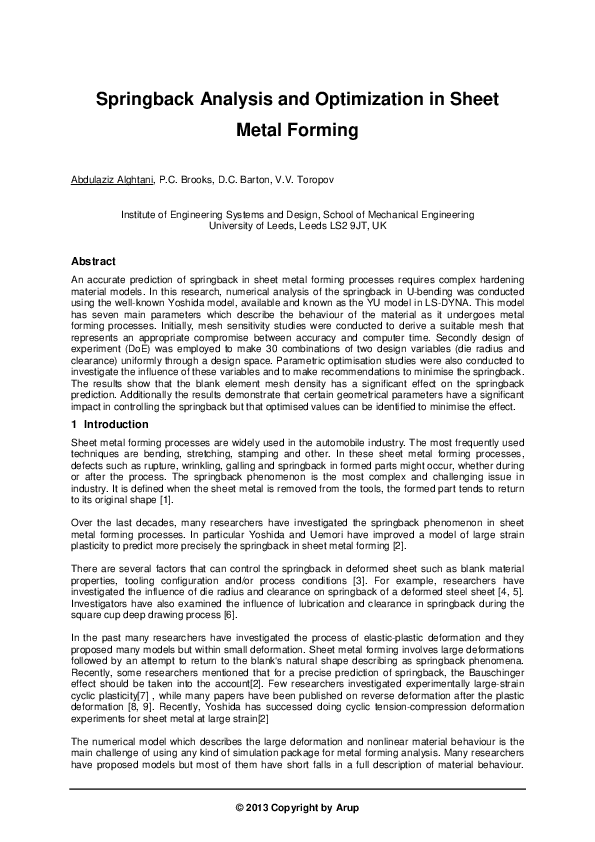 (PDF) Springback Analysis and Optimization in Sheet Metal Forming