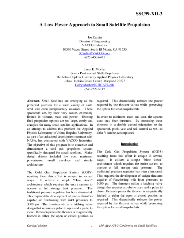 (PDF) A Low Power Approach to Small Satellite Propulsion