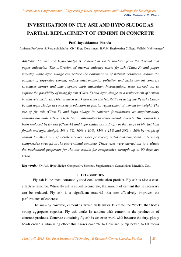 (PDF) INVESTIGATION ON FLY ASH AND HYPO SLUDGE AS PARTIAL REPLACEMENT ...