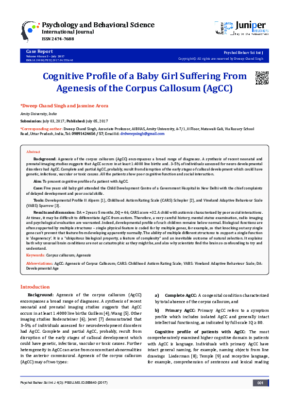 (PDF) Cognitive Profile of a Baby Girl Suffering From Agenesis of the ...