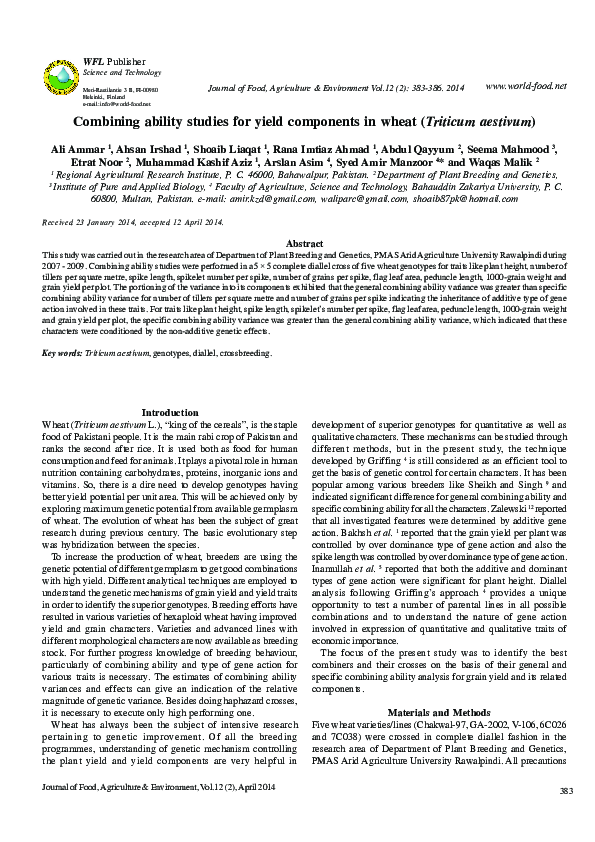 (PDF) Combining ability studies for yield components in wheat (Triticum ...