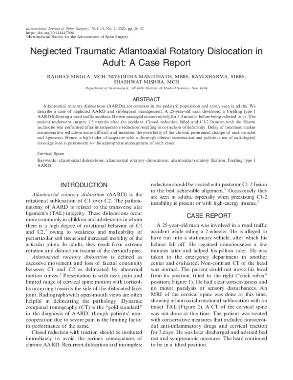 (PDF) Neglected Traumatic Atlantoaxial Rotatory Dislocation in Adult: A ...