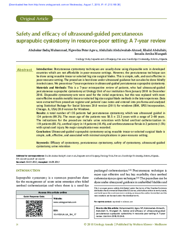 (PDF) Safety and efficacy of ultrasound-guided percutaneous suprapubic ...