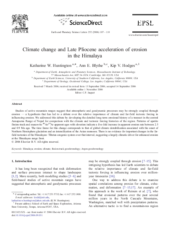 (PDF) Climate change and Late Pliocene acceleration of erosion in the ...