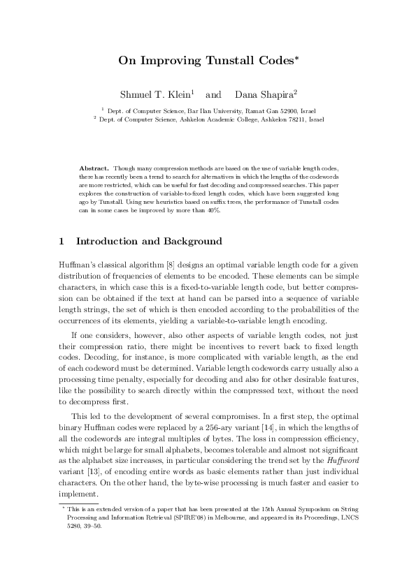 (PDF) On improving Tunstall codes