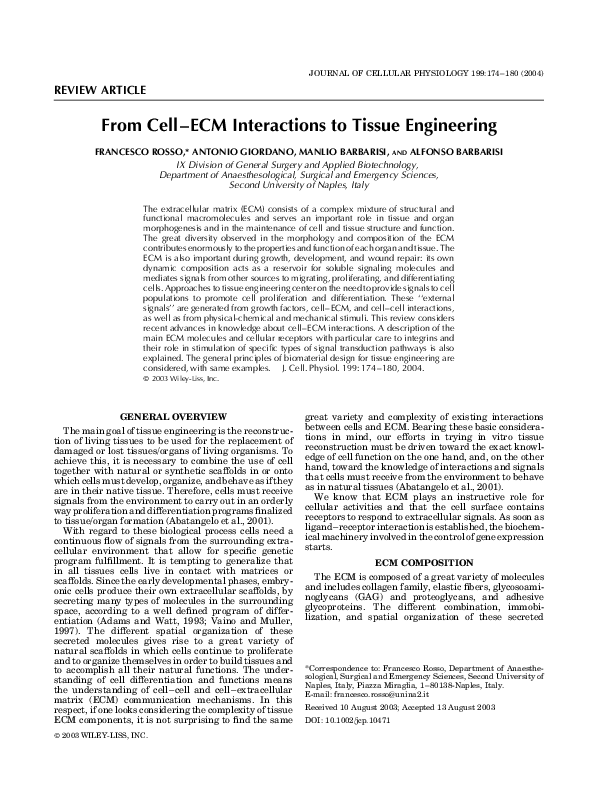 (PDF) From Cell-ECM interactions to tissue engineering