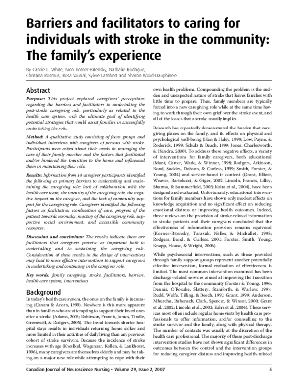 (PDF) Barriers and facilitators to caring for individuals with stroke ...