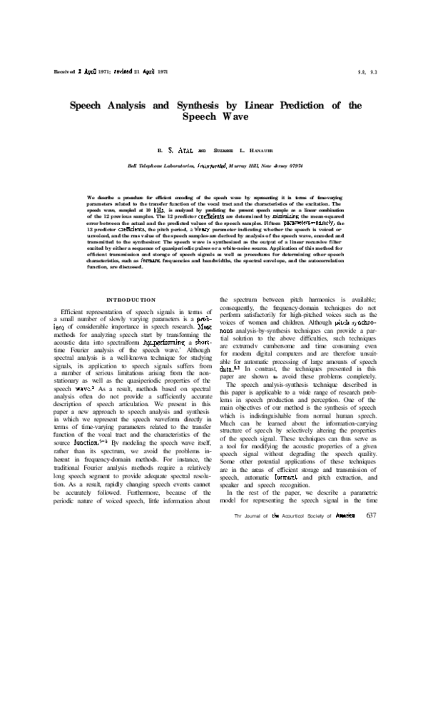 (PDF) Speech Analysis and Synthesis by Linear Prediction of the Speech Wave