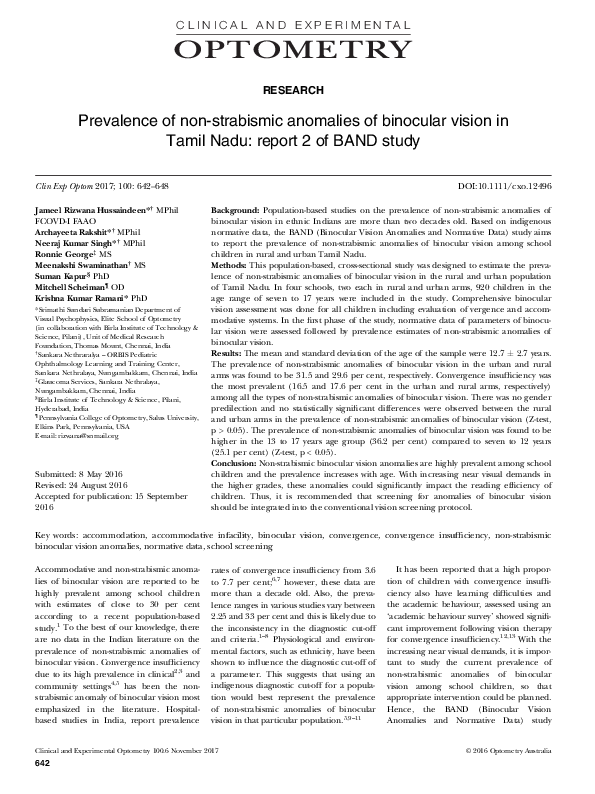 (PDF) Prevalence of nonstrabismic anomalies of binocular vision in Tamil Nadu report 2 of BAND