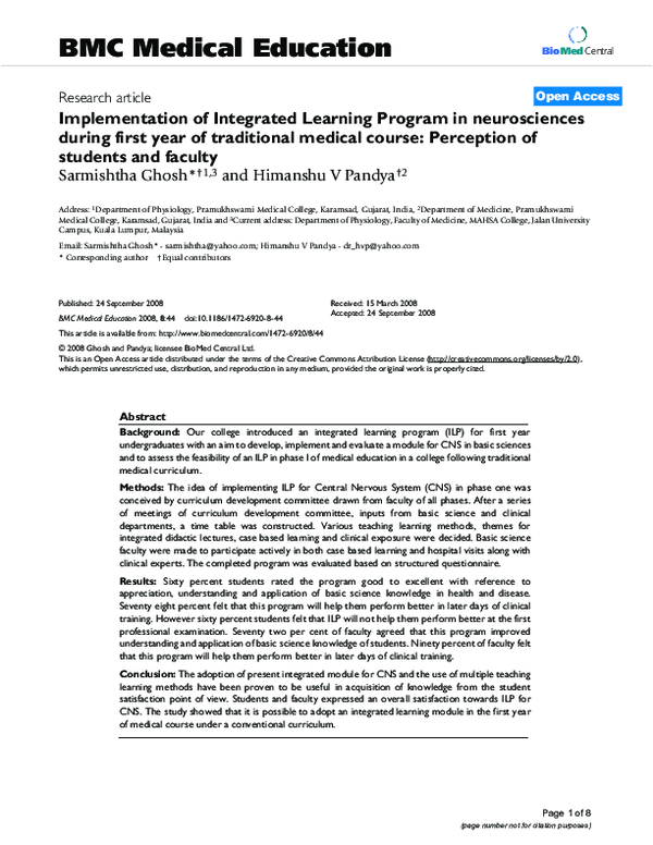 (PDF) Implementation of Integrated Learning Program in neurosciences ...