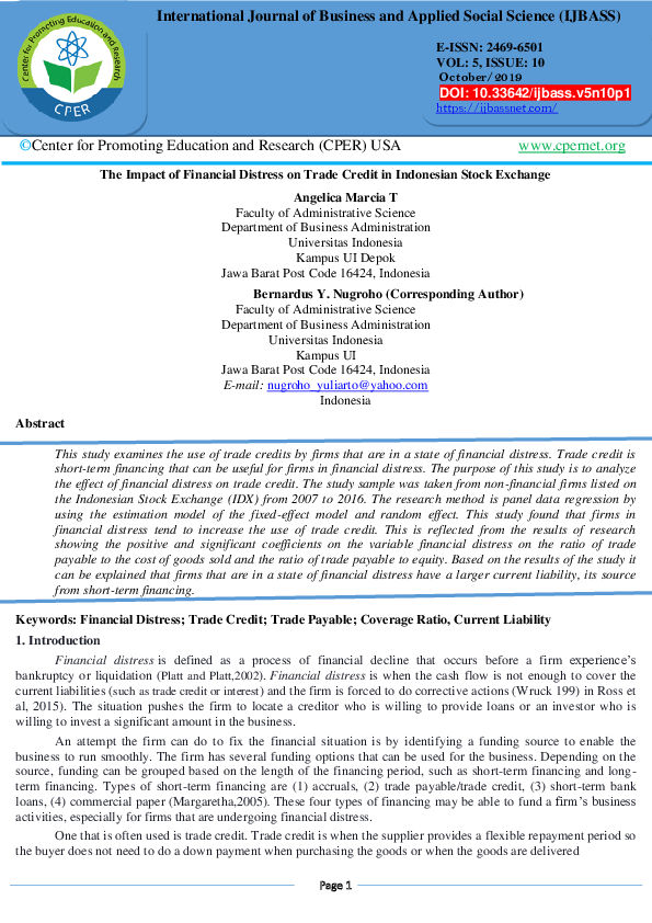 (PDF) The Impact of Financial Distress on Trade Credit in Indonesian ...