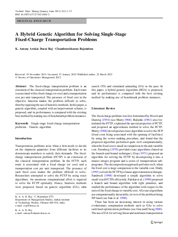 (PDF) A Hybrid Genetic Algorithm for Solving Single-Stage Fixed-Charge ...