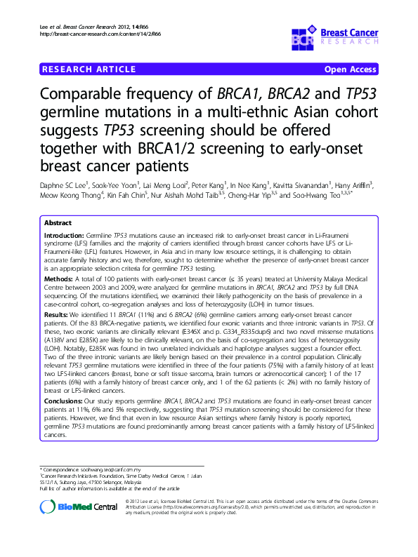 (PDF) Comparable frequency of BRCA1, BRCA2 and TP53 germline mutations ...